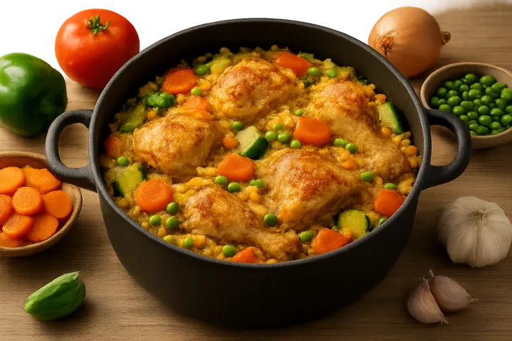 Arroz con pollo y verduras en una olla: ilustración práctica de la guía