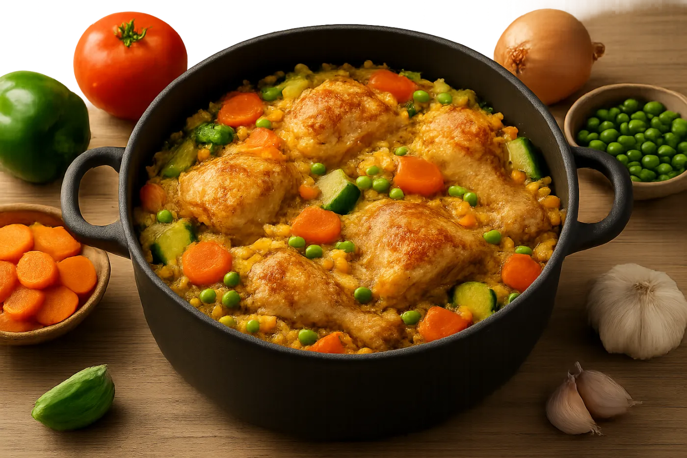 Arroz con pollo y verduras en una olla: ilustración práctica de la guía