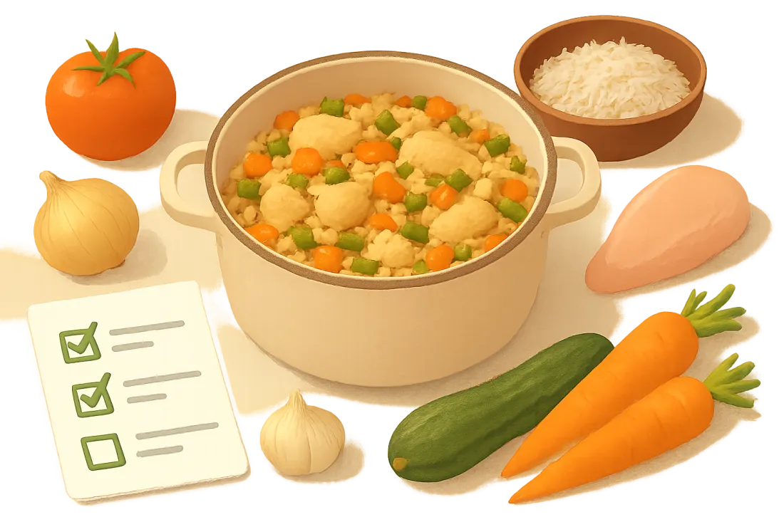 Arroz con pollo y verduras en una olla: lista práctica de comprobación antes de actuar