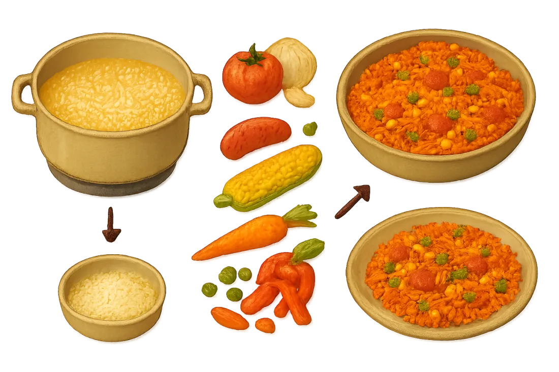 Arroz rojo para fiesta mexicana: esquema de los elementos clave